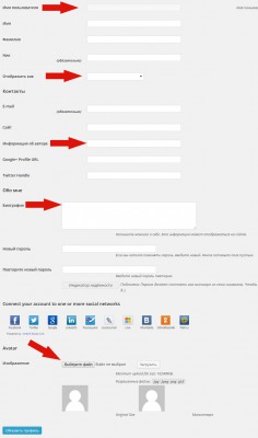 Поля для заполнения в профиле