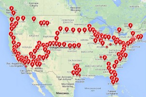 Карта заправочных станций Tesla в США
